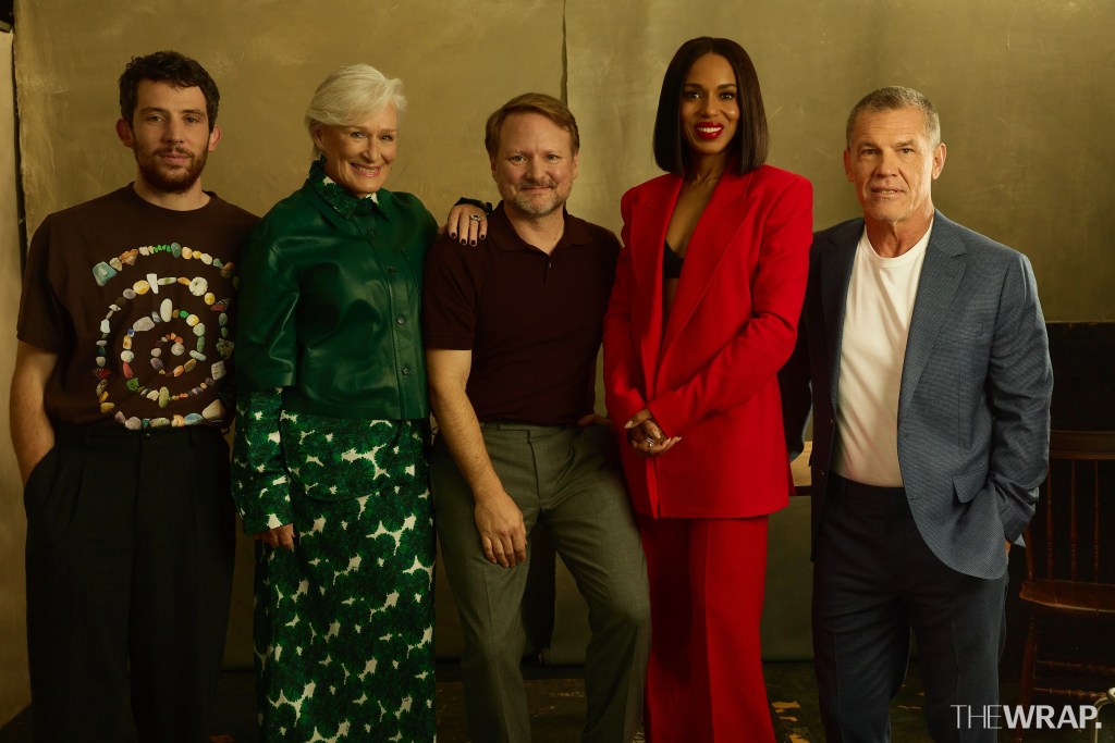 Josh O’Connor, actor, Glenn Close, actress, Rian Johnson, director, writer, producer, Kerry Washington, actress, and Josh Brolin, actor, "Wake Up Dead Man: A Knives Out Mystery"