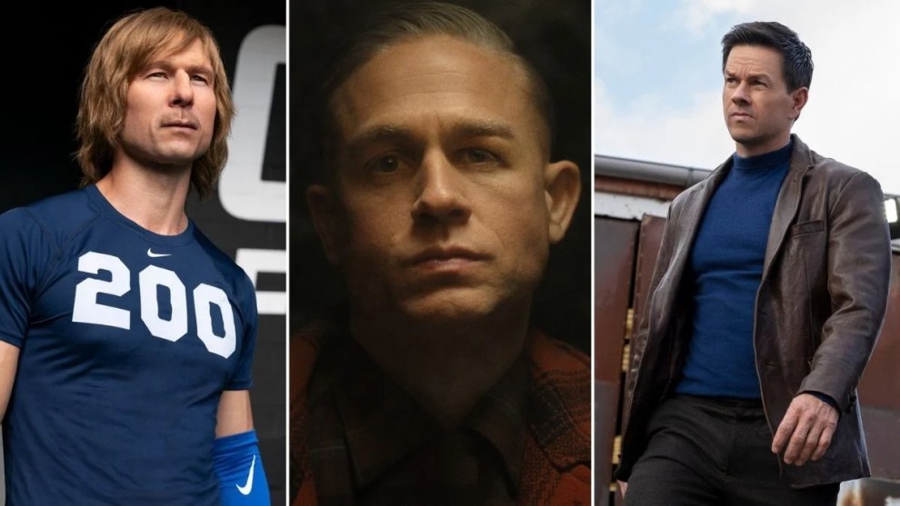 Glen Powell in “Chad Powers” (Hulu), Charlie Hunnam in “Monster: The Ed Gein Story” and Mark Wahlberg in “Play Dirty” (Jasin Boland/Prime Video)