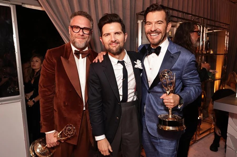 (Left to Right) Seth Rogen, Adam Scott and Pete Huyck attend the 2025 Apple TV+ Emmy Awards Celebration at Ysabel in West Hollywood. (Apple TV+)