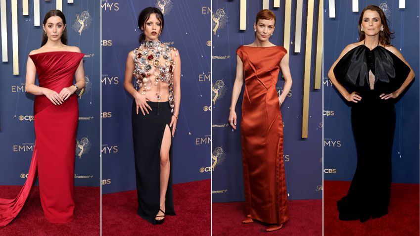 Cristin Milioti in Danielle Frankel; Jenna Ortega in Givenchy; Britt Lower in Calvin Klein and Keri Russell in Armani Prive at the 2025 Emmy Awards. Source: Getty Images